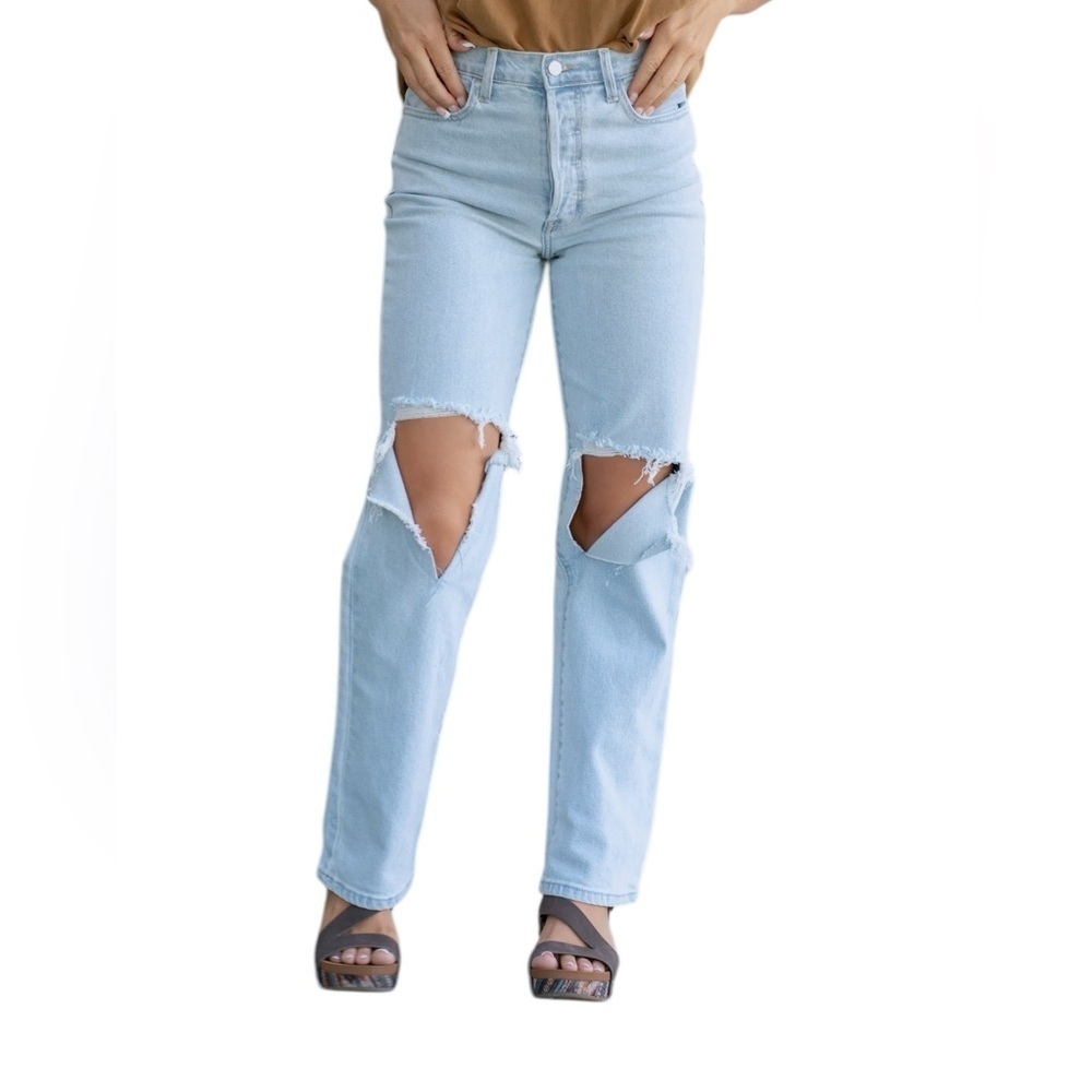 CELLO Baddie Slash Knee Jeans Button Fly High Rise Straight Leg Jeans Si…